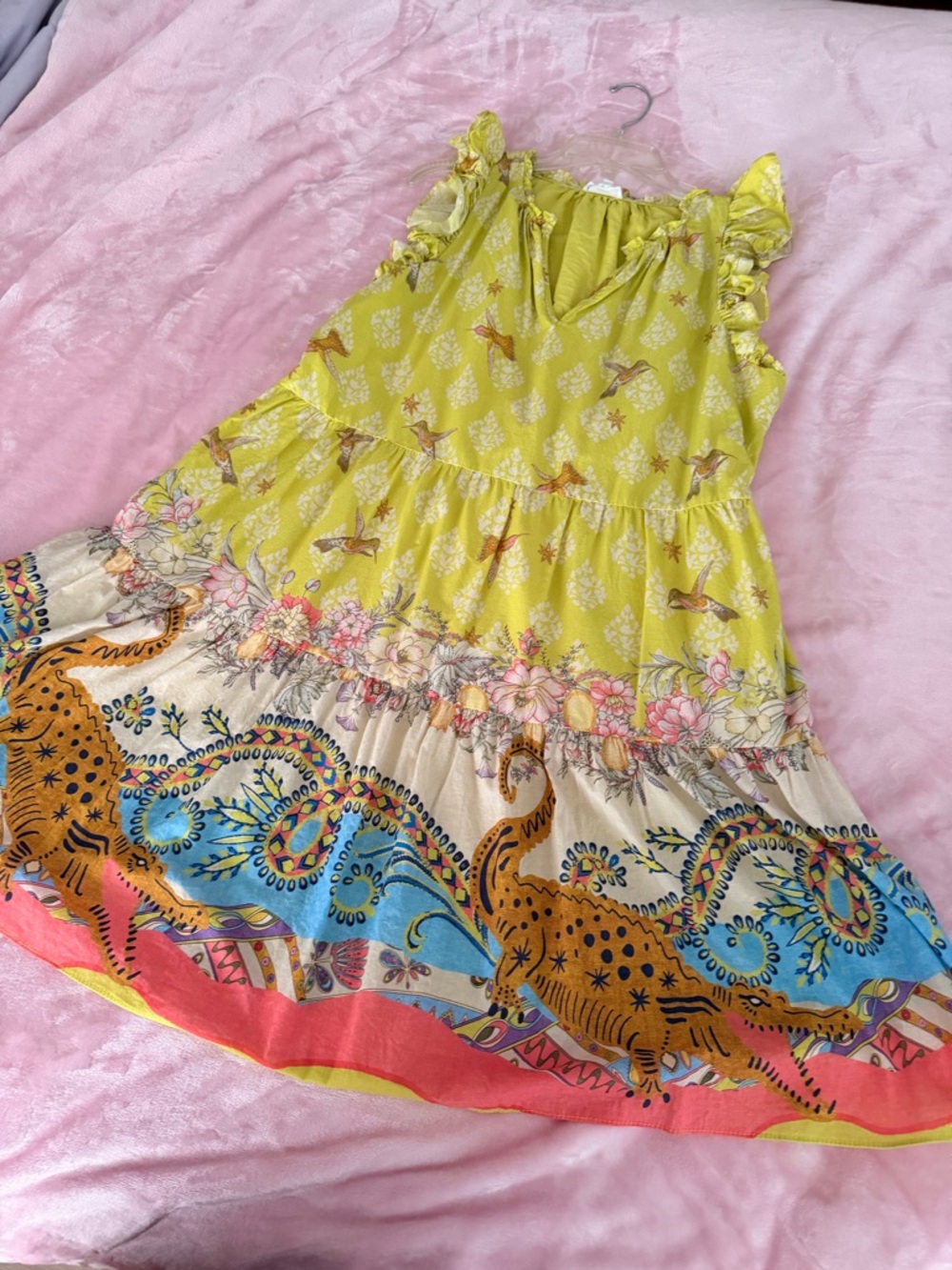 Women Yellow Floral & Animal Print Tiered Dress